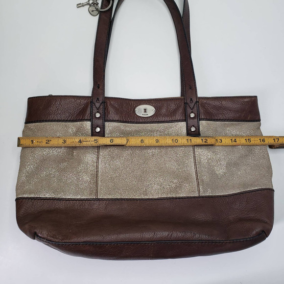 Fossil Zip Top Shoulder Bag Tote Leather Shimmer Fabric Purse - Picture 11 of 13